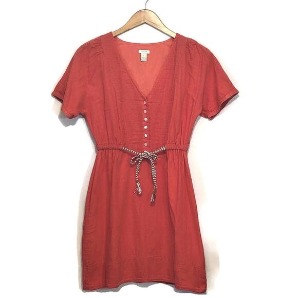 J Crew V Neck Short Sleeve Mini Dress Red Orange Tie Waist Casual Summer Size 2 - Picture 2 of 12